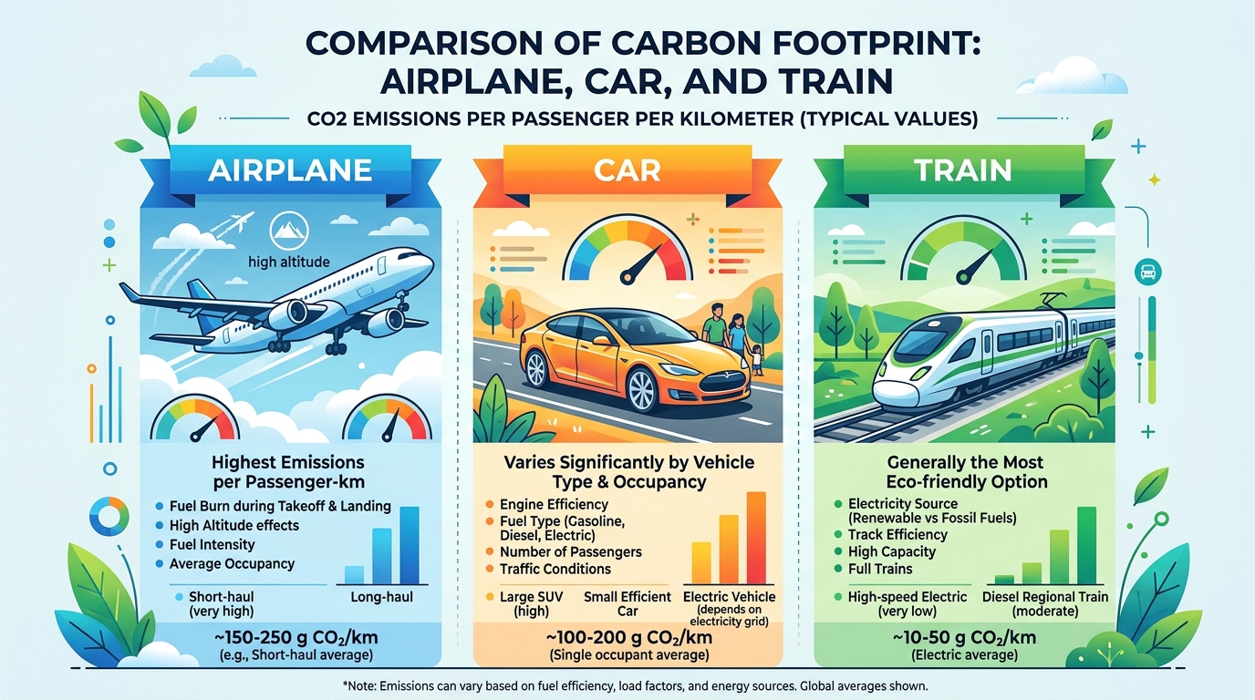 découvrez un comparatif détaillé de l'empreinte carbone entre l'avion, la voiture et le train pour choisir le mode de transport le plus écologique.