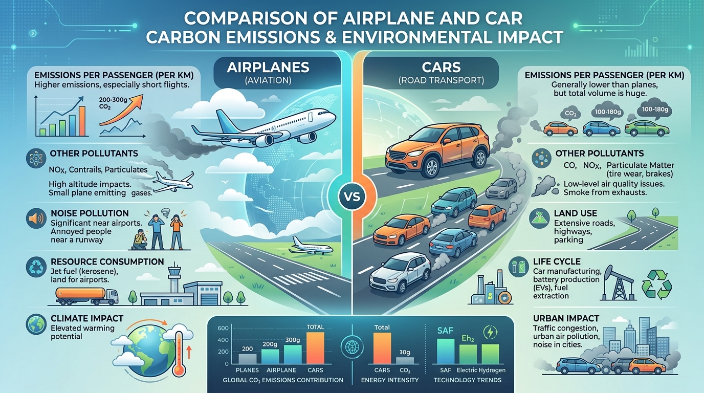 comparez l'impact environnemental de l'avion et de la voiture pour choisir le mode de transport le plus écologique et responsable.